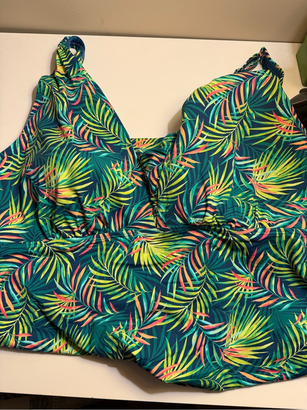 Lands' End Teal Multicolor Tropical Leaf Tankini Top 26W